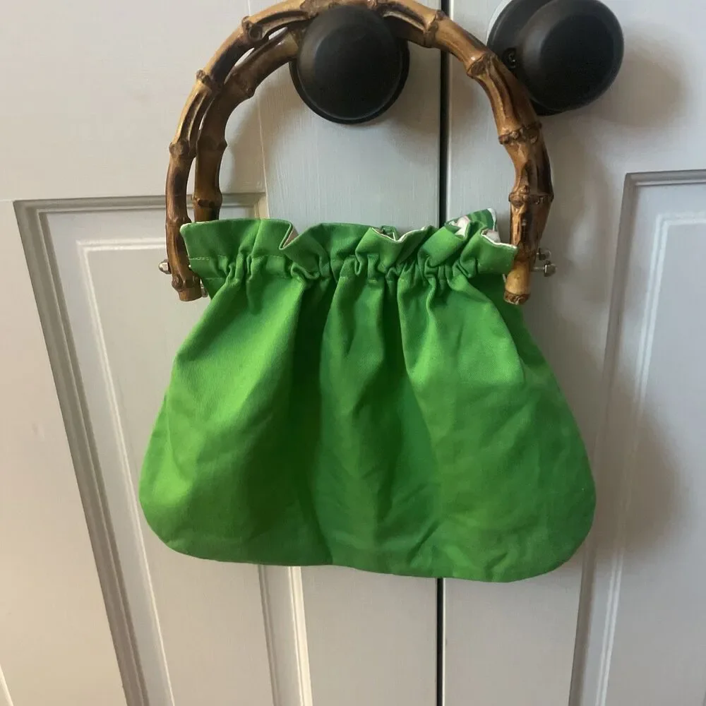 Vintage 70s Green Bamboo Handle Bag Strawberry Floral Lining Cottagecore Retro